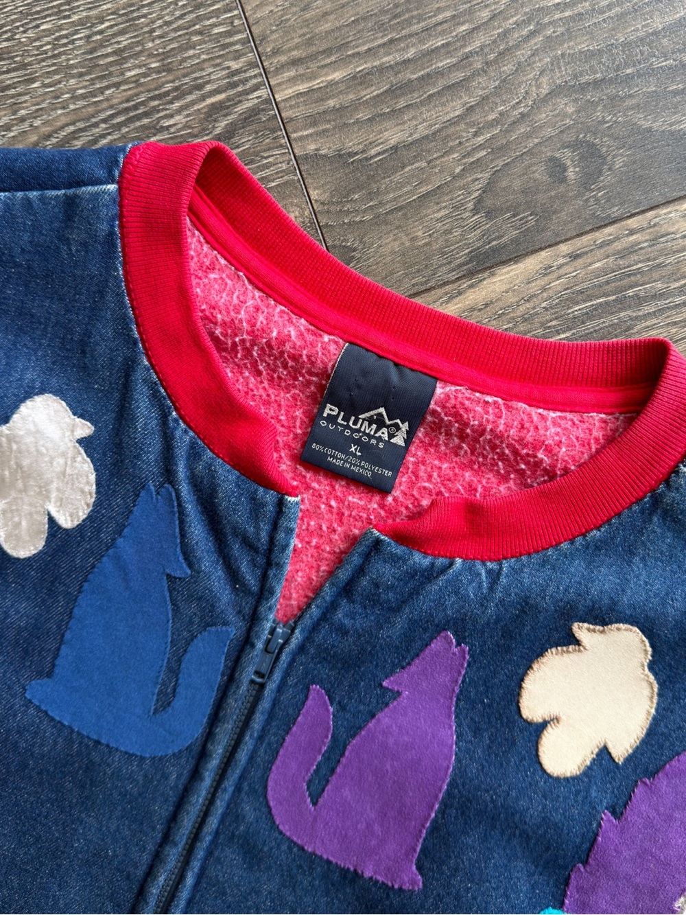 Women’s XL Denim Applique Sweatshirt Jacket Southwest Aztec Full Zip Vintage 90s - Picture 6 of 9